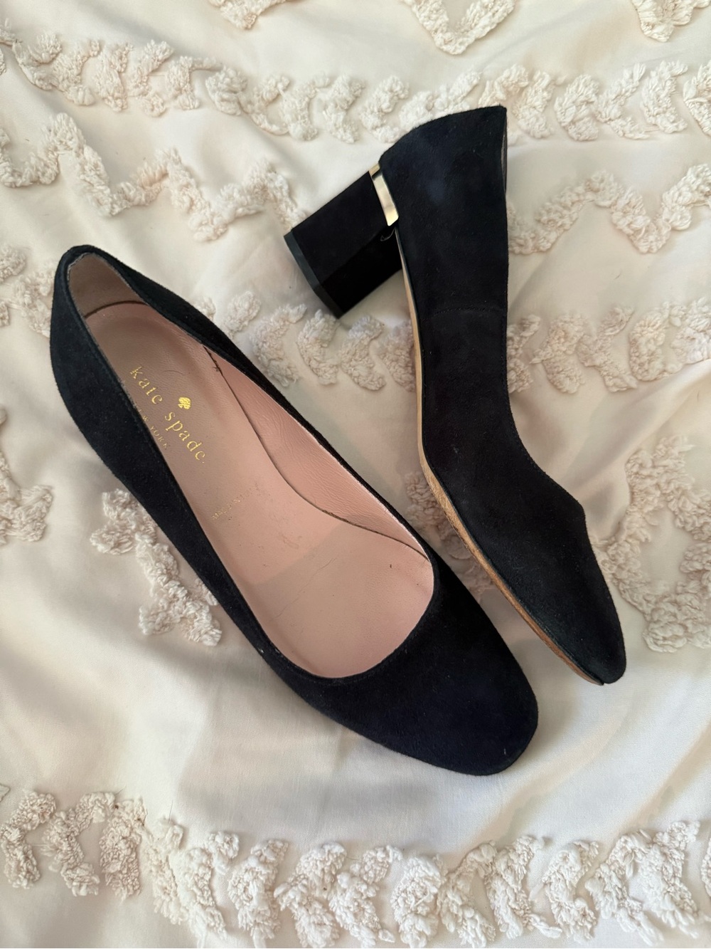 kate spade Black Suede Block Heel Pumps with Gold Accent - Picture 2 of 5